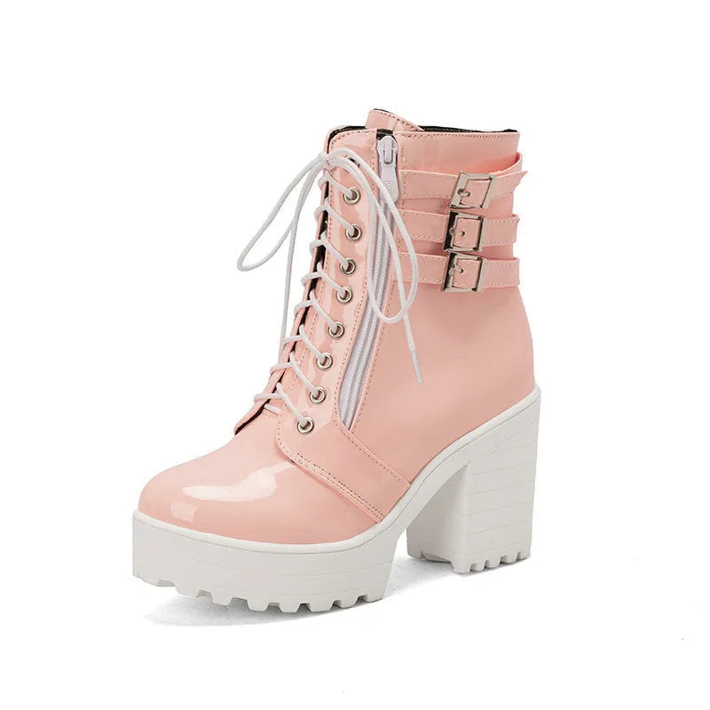 Women's black thick-heeled ankle boots with round toe and front lace-up design