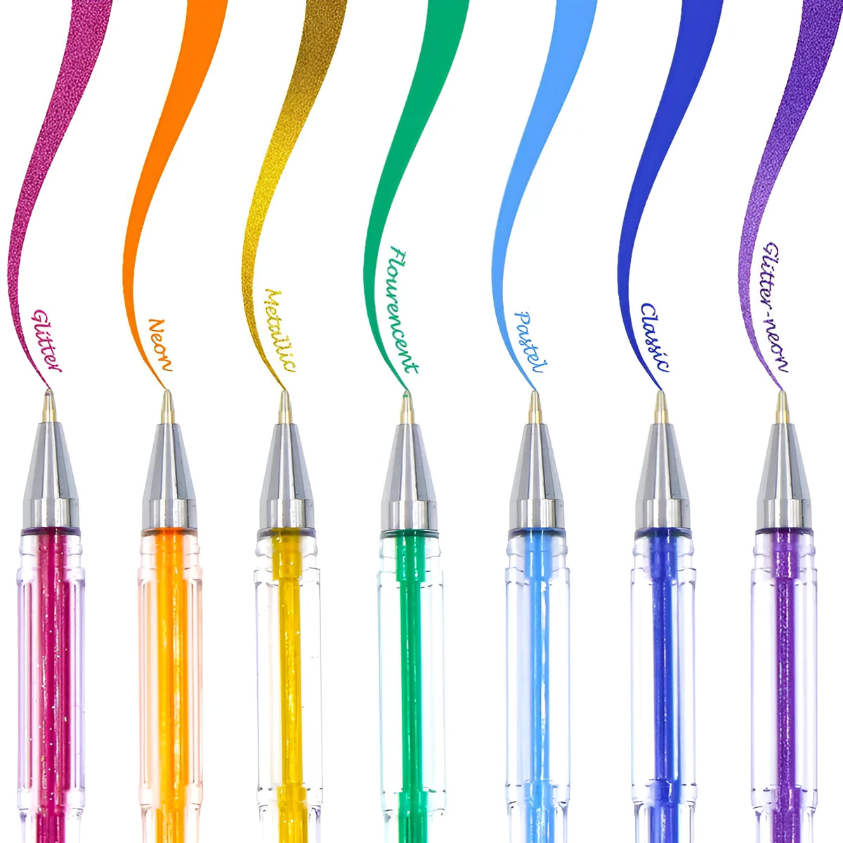 100 colour gel pen set with watercolour effects and highlighter pens in plastic barrels