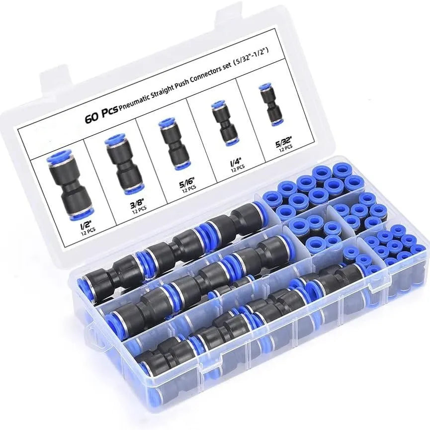 60-piece pneumatic connector kit showing R1/4 and R1/2 thread sizes for compressed air systems