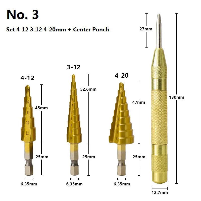 High speed steel step drill bit and centre punch set for drilling metal, wood, and plastic.