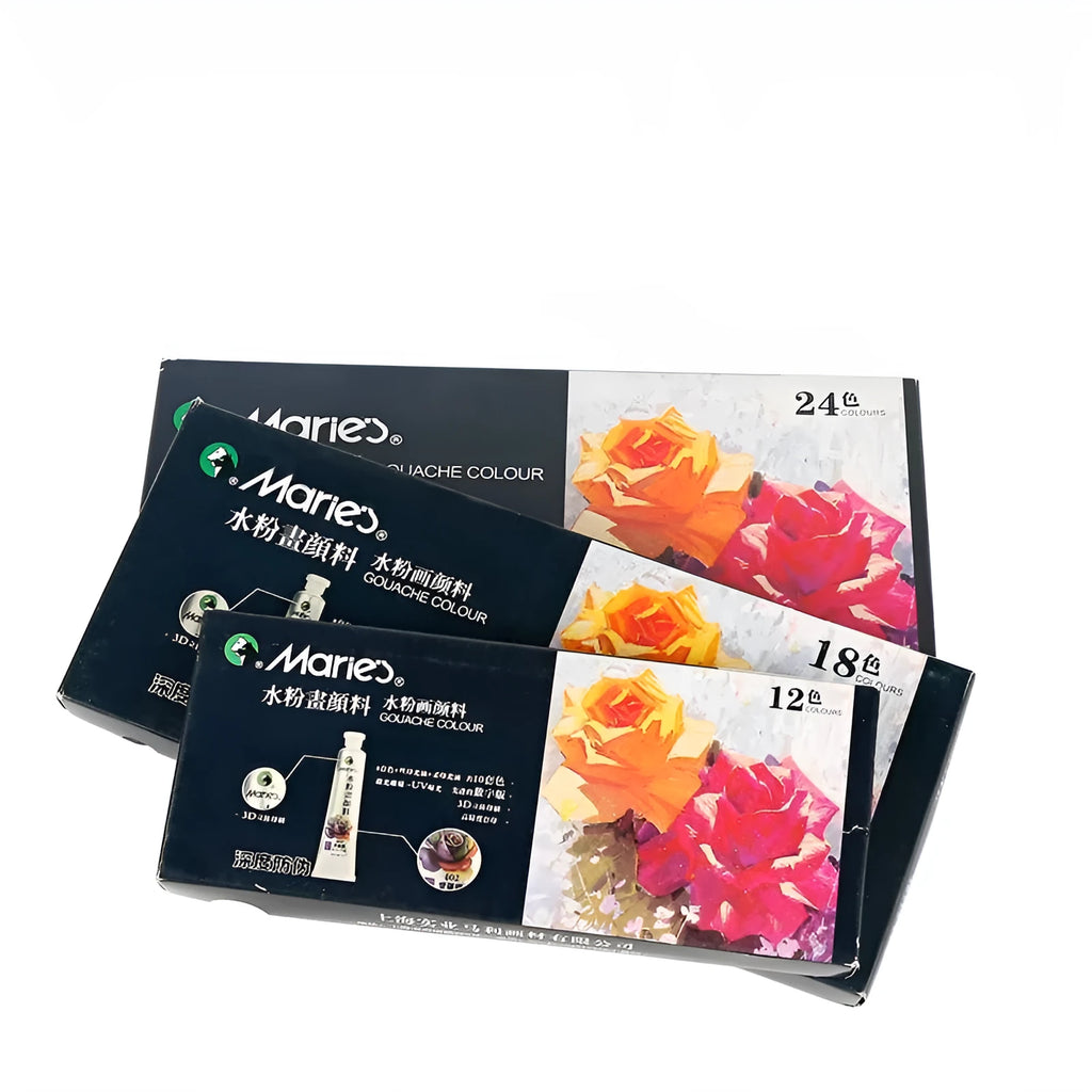 Gouache paint set boxes showing options for 12, 18, and 24 colours with paint tubes