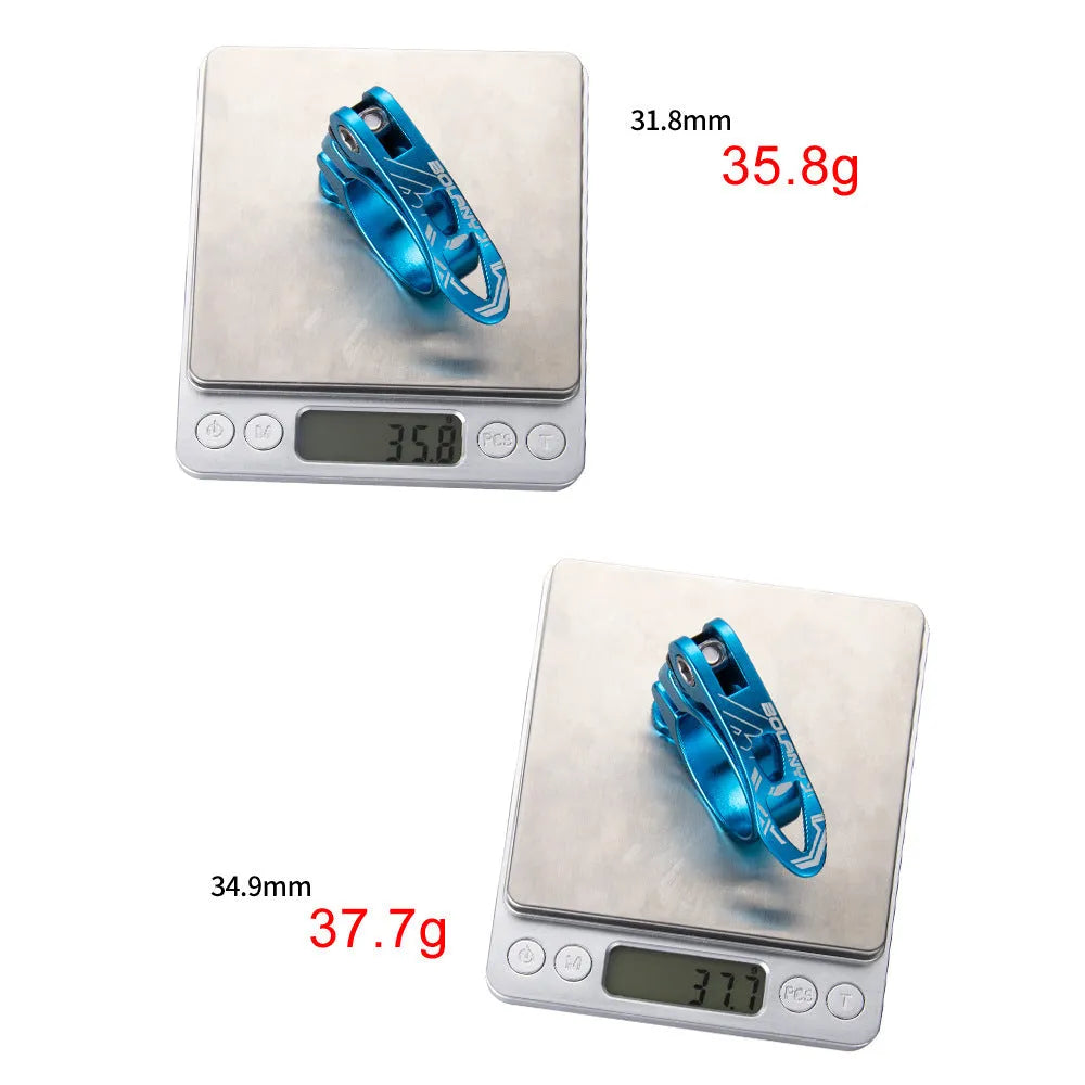 Aluminium alloy bicycle seat post clamp in black, red, gold, or blue colour options.