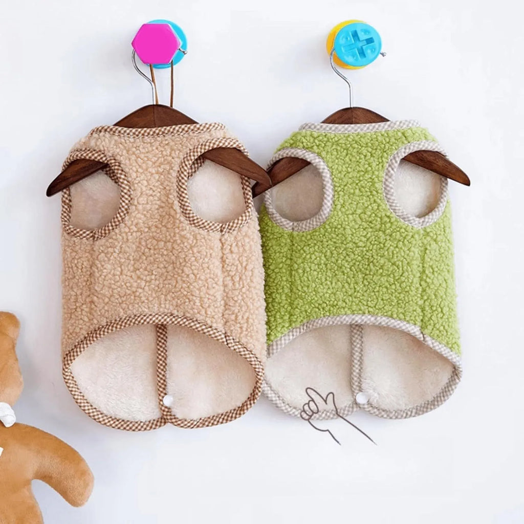 Green coral fleece dog vest with metal leash ring for small pets