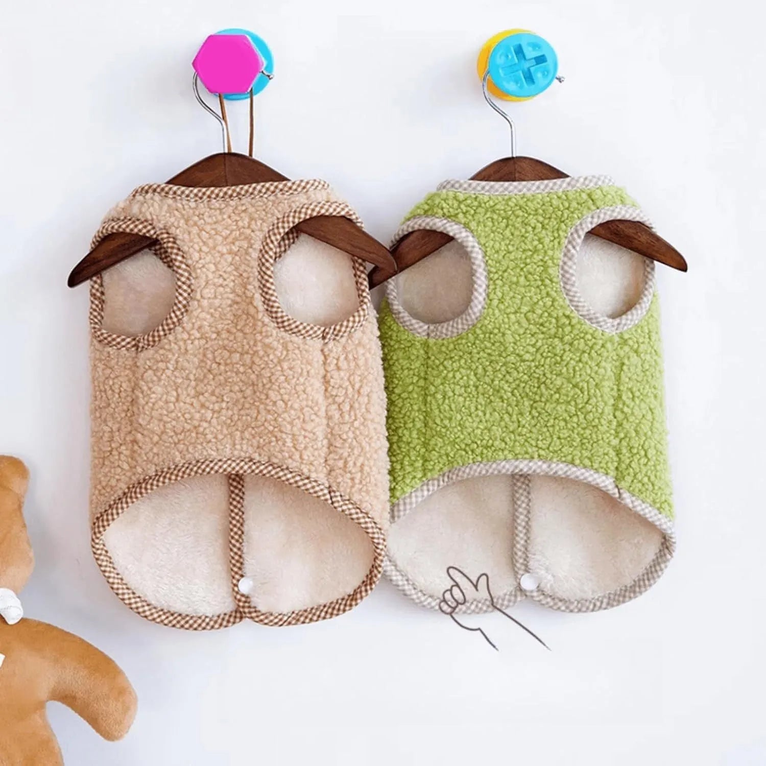 Green coral fleece dog vest with metal leash ring for small pets