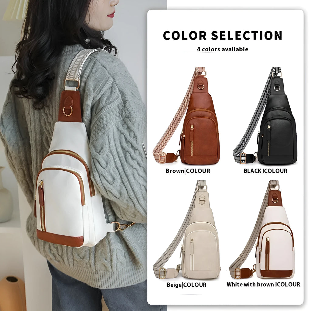 Women's soft PU messenger chest bag in beige with open pocket and stitching detail