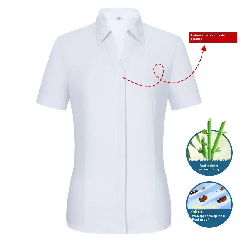Men's short sleeve bamboo fiber shirt with square collar in solid color, featuring waterproof and stain resistant business formal style
