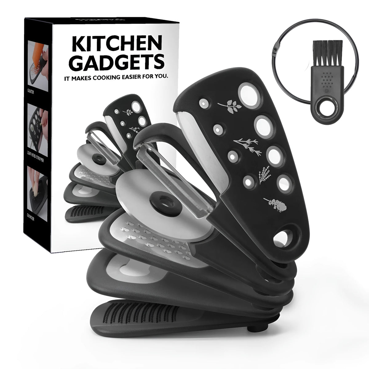 Six stackable kitchen tools and a cleaning brush in a modern colour box.