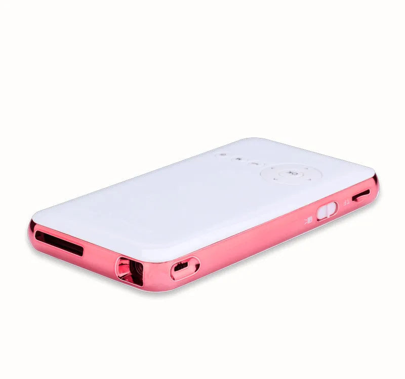 White rose gold miniature portable Android projector showing front view with lens and controls