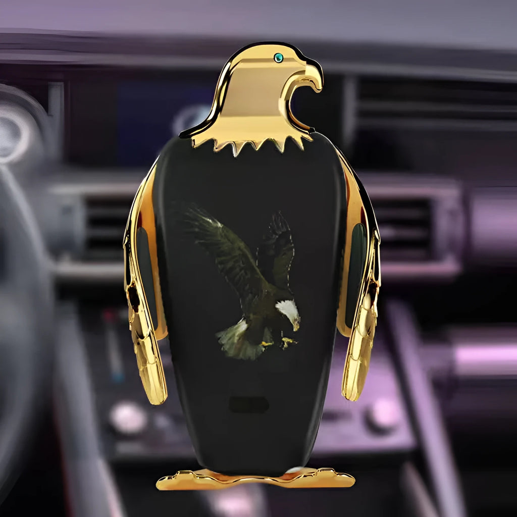 Car phone holder with wireless charging base and suction cup mount in black and gold colour with eagle design.
