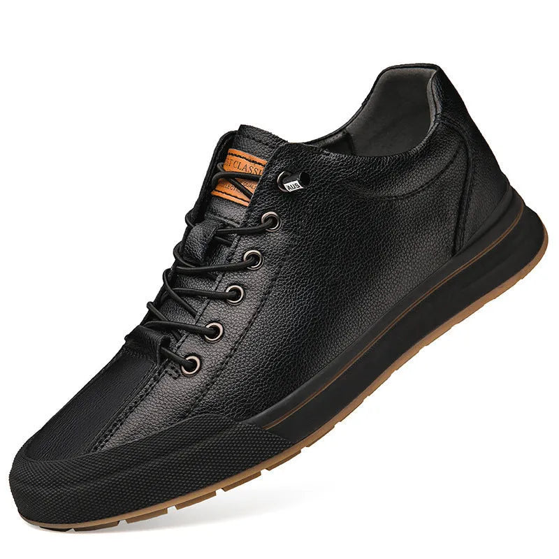 Men's white and black leather shoes with flat heel and round toe design