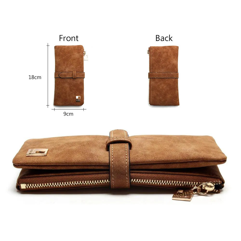 Korean retro style matte PU leather long zip wallet for women in multiple colours showing card slots and coin purse.