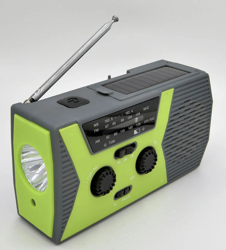 5 in 1 outdoor portable solar crank AM FM NOAA radio with LED flashlight, reading lamp, and power bank, available in green, orange, or red