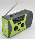 5 in 1 outdoor portable solar crank AM FM NOAA radio with LED flashlight, reading lamp, and power bank, available in green, orange, or red