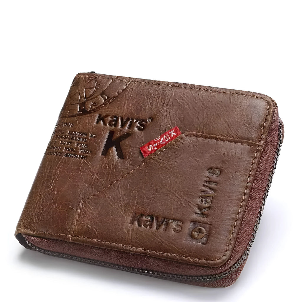 Coffee coloured genuine leather men's wallet with vintage locomotive design and multiple internal compartments