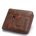 Coffee coloured genuine leather men's wallet with vintage locomotive design and multiple internal compartments