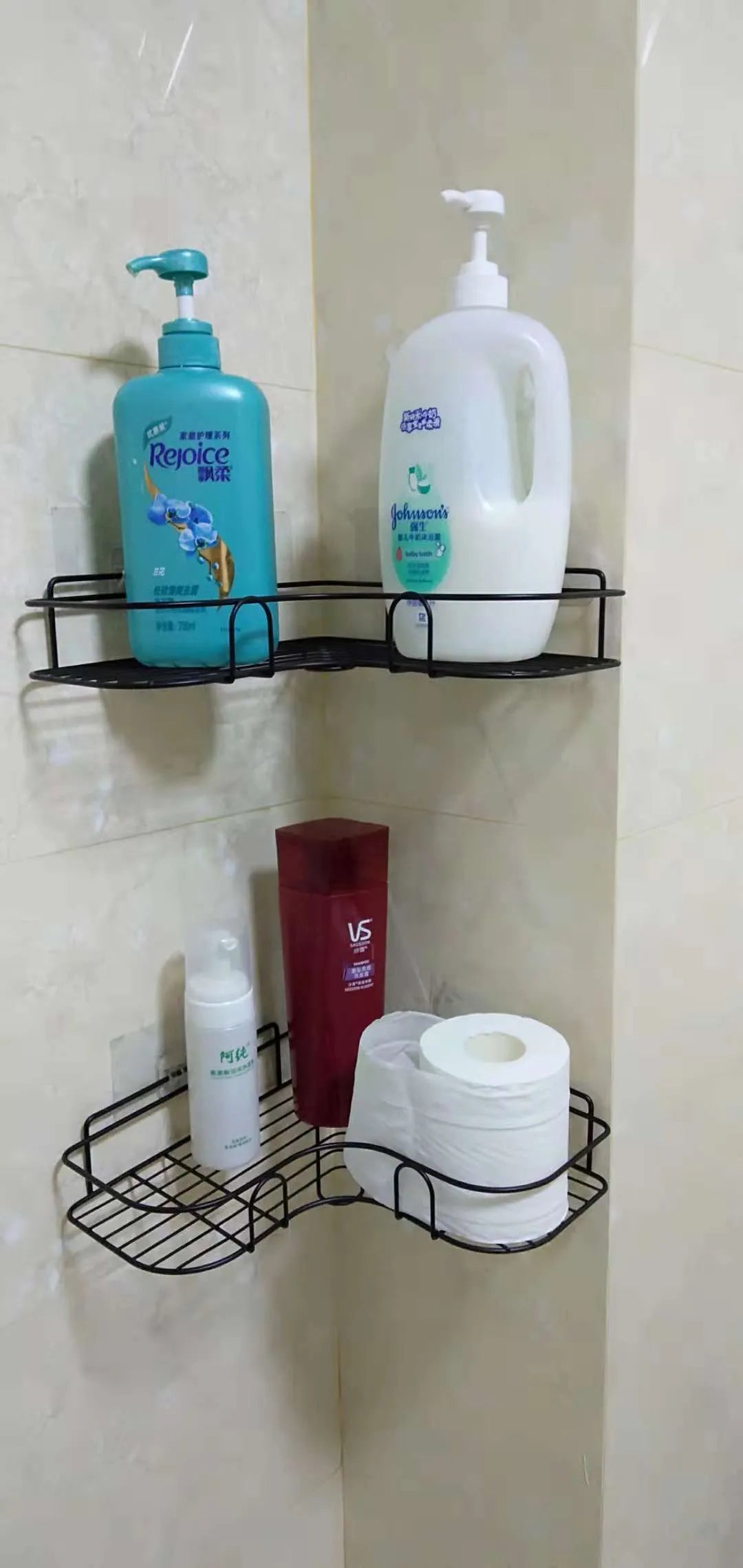 Punch-free iron single-layer corner rack for bathroom and kitchen storage in white or black with suction stickers.
