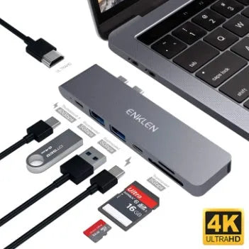USB-C multiport adapter with Thunderbolt 3, HDMI, SD card slots, and USB ports in aluminium alloy case