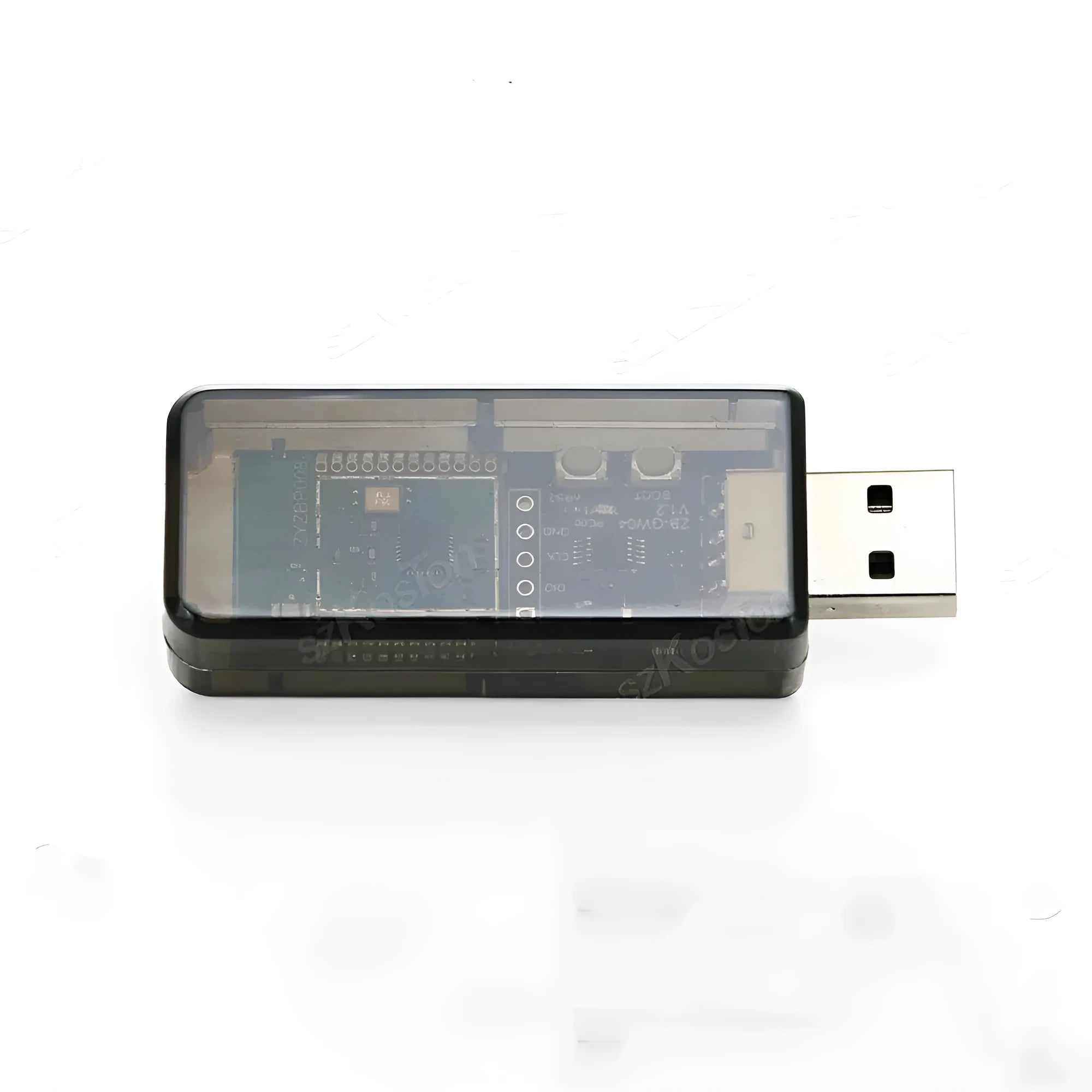 Silicon Labs EFR32MG21 Zigbee USB dongle in plastic housing for smart home networks.