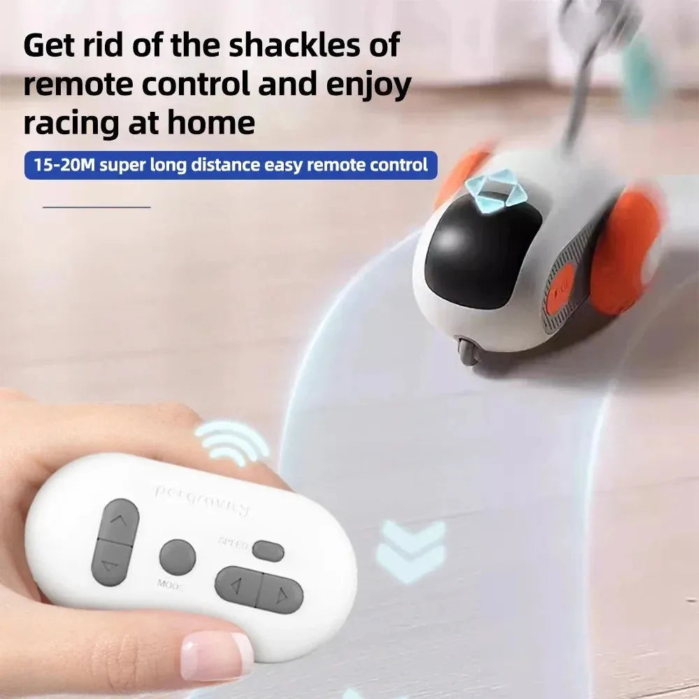 Interactive remote control cat toy car with feather teaser attachment in blue or orange colours