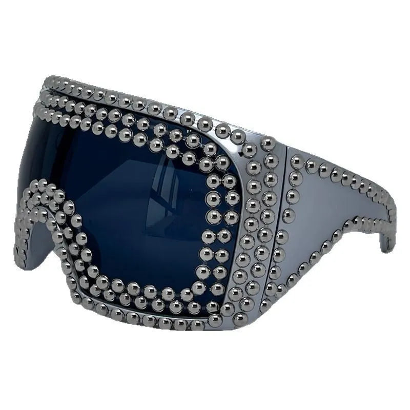 Men's punk sunglasses with super large square rim and rivet details in silver colour