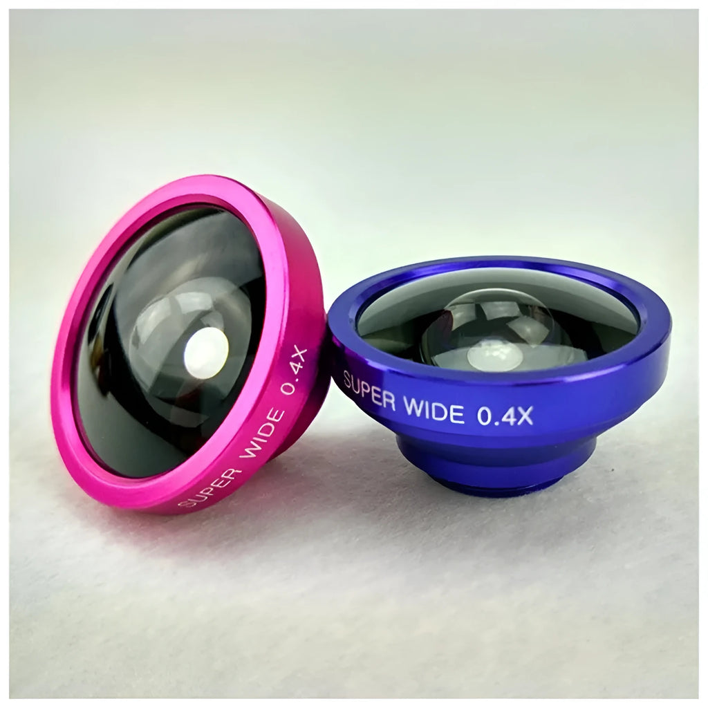 Black 3-in-1 smartphone lens kit showing fisheye, wide angle and macro lenses with universal clip