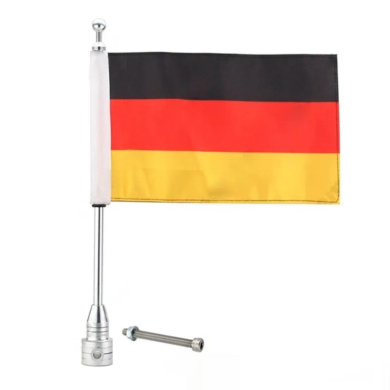 Motorcycle luggage rack flagpole mount in black and silver finish options