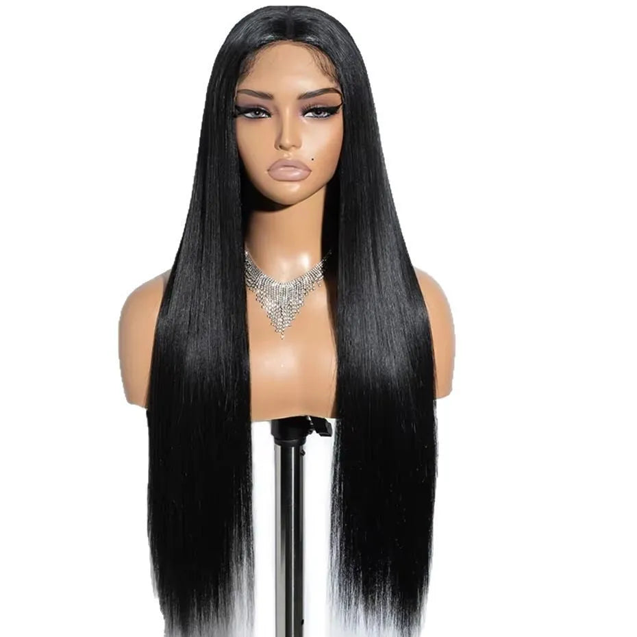A woman wearing a long, straight glueless human hair wig with side bangs