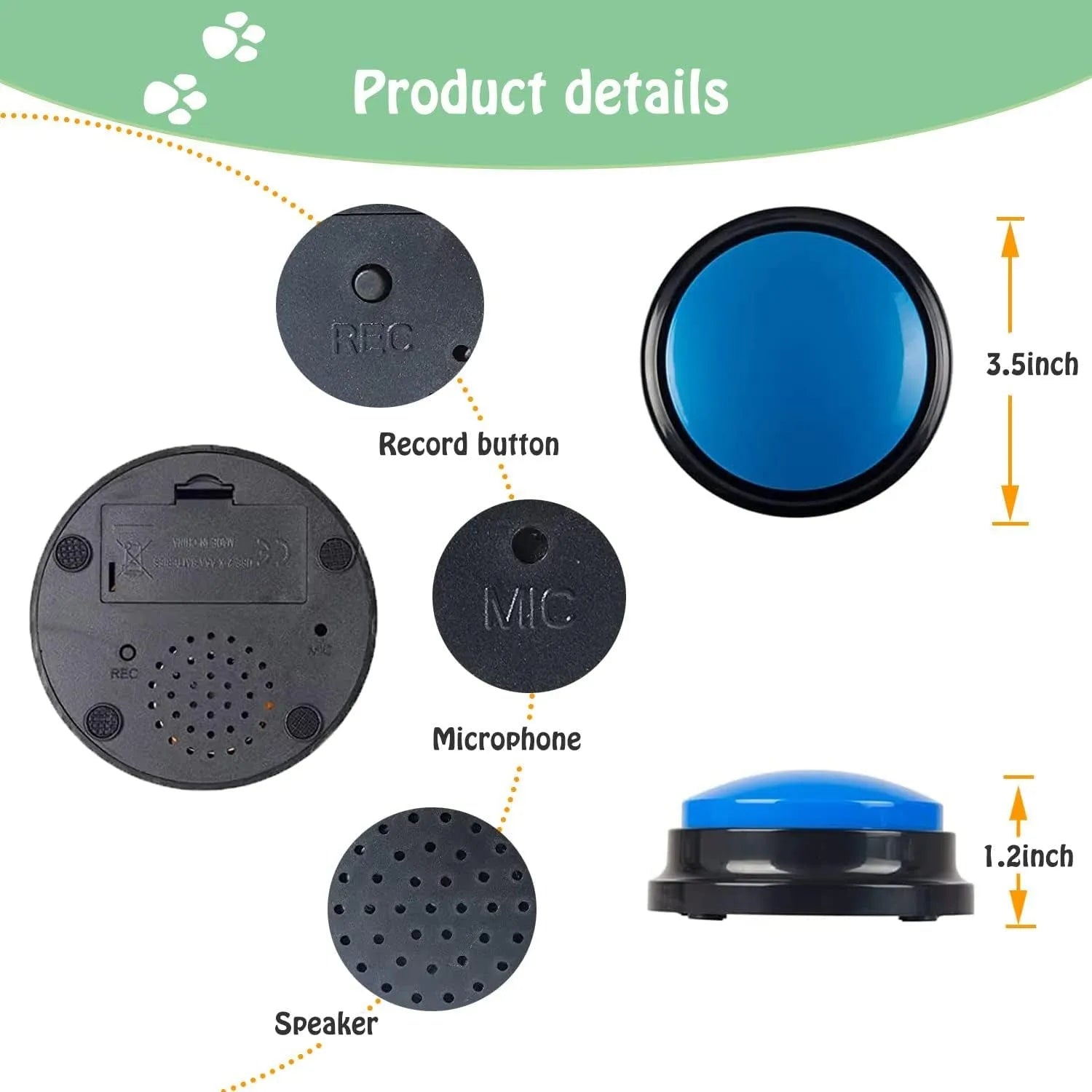 Voice recording button for pet training in blue, green, orange, purple, or red with 30-second playback function