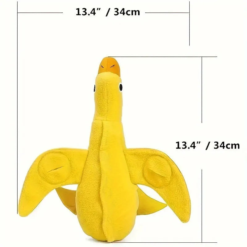 Yellow plush duck dog training toy with squeaker and treat dispensing features