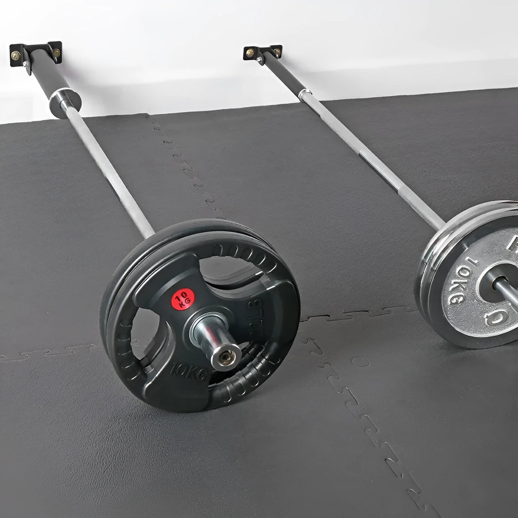 Steel wall-mounted barbell rack with 25 tubes for holding barbell bars.