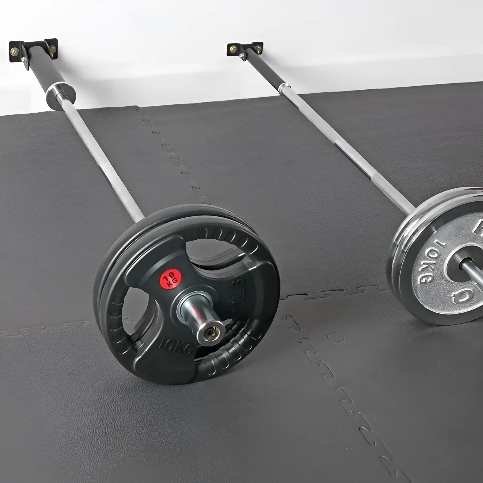Steel wall-mounted barbell rack with 25 tubes for holding barbell bars.