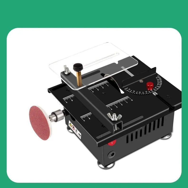 Lithium ion micro household desktop saw with metal construction and angle adjustment feature