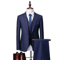 Men's navy blue plaid slim fit three-piece business casual suit with vest, jacket, and trousers