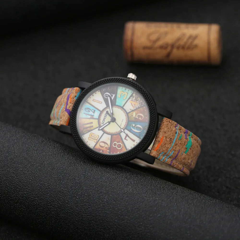 Women's vintage leather wrist watch with round dial and stainless steel buckle