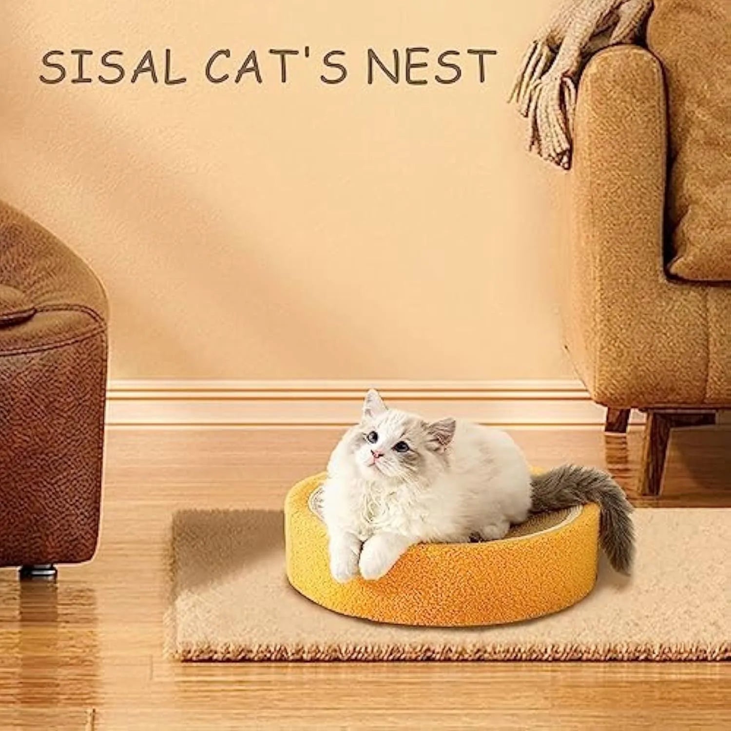 Round yellow sisal cat scratching board and bed for small breeds