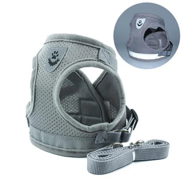 Reflective breathable polyester pet harness with 115cm leash and 1.5cm width, adjustable chest 26-55cm, grey black blue red