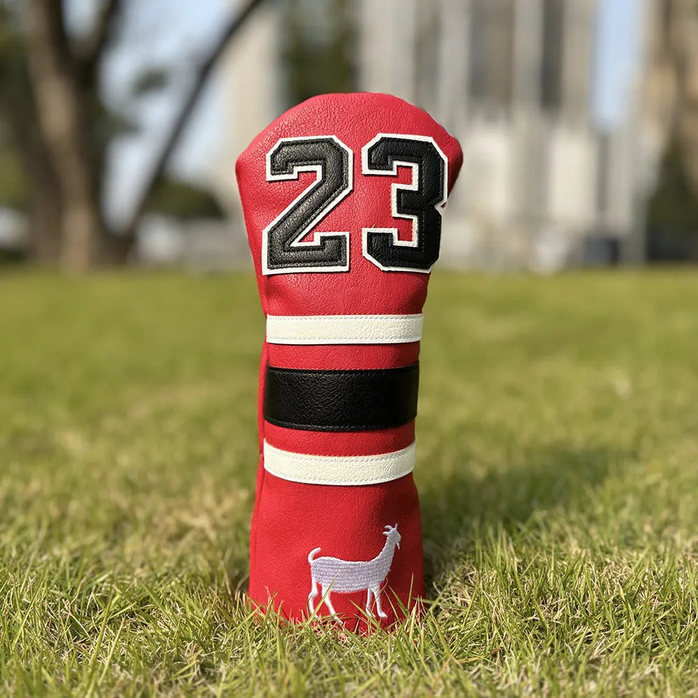 Yellow Ram golf headcover set with four wooden pole covers and square putter sleeve