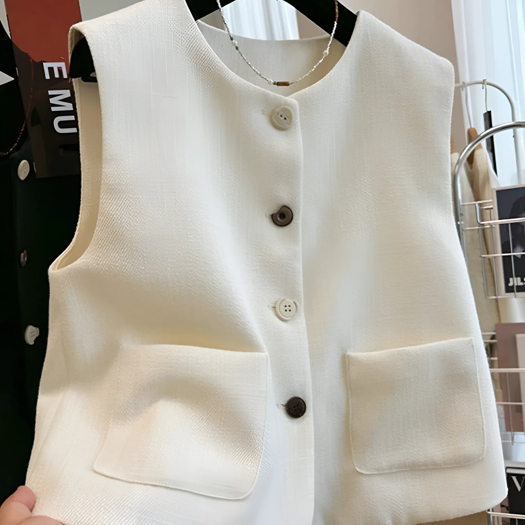 Women's round neck sleeveless vest in milky white, French bandage style, shown front view.