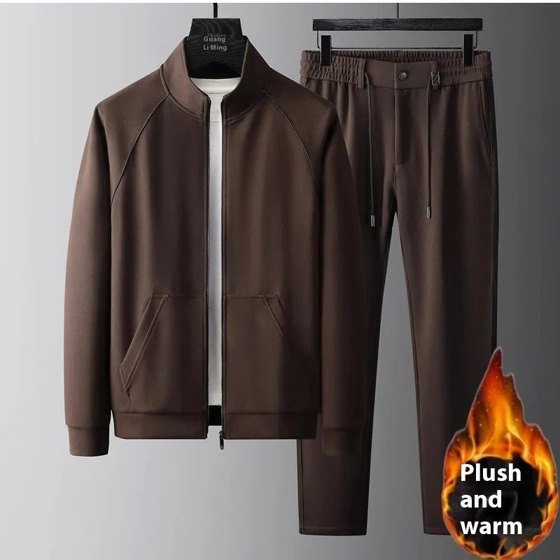 Men's slim fit stand collar casual sports suit in Vinylon fabric, showing coat and trousers.