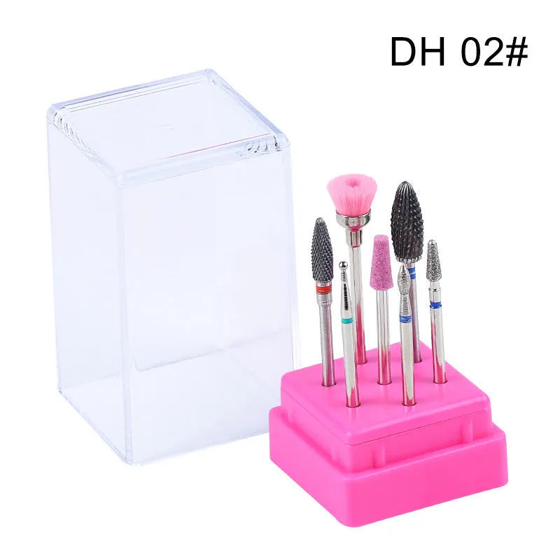 Tungsten steel nail drill bit set with six different bits and a brush in a clear storage case.