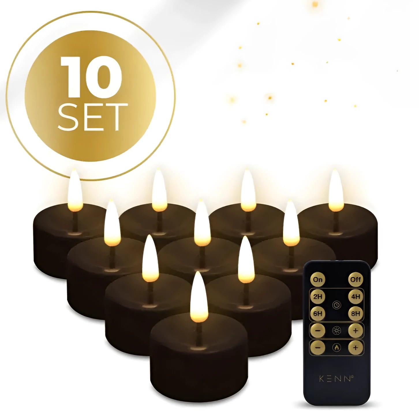 Four black LED tealight candles showing flameless illumination with battery compartment