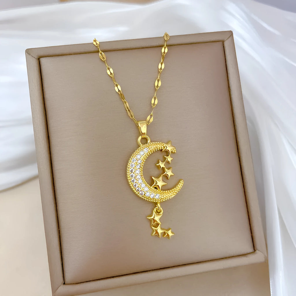 A218 moon pendant necklace with geometric diamond accents on stainless steel chain