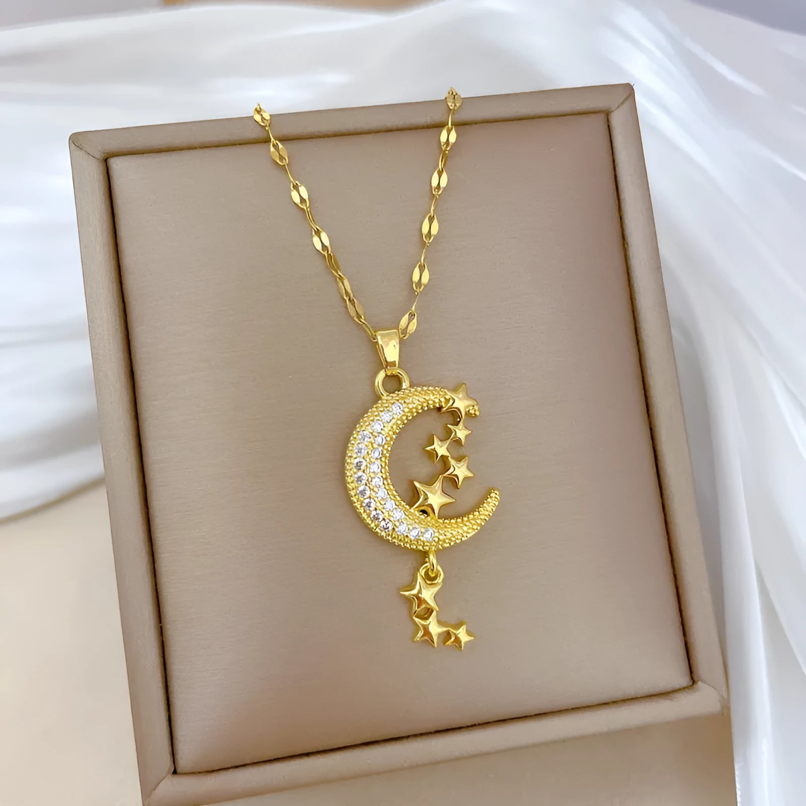 A218 moon pendant necklace with geometric diamond accents on stainless steel chain