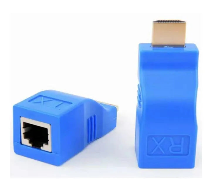 HDMI extender transmitter and receiver units for 1080P signal over Cat-5e cable up to 30 metres.