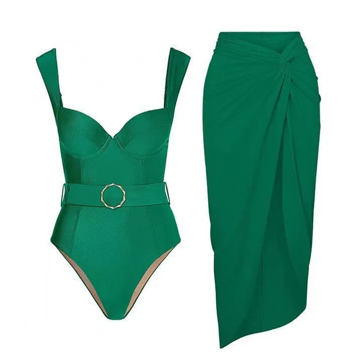 Women's one-piece swimsuit with gauze skirt in double shoulder or oblique shoulder design.
