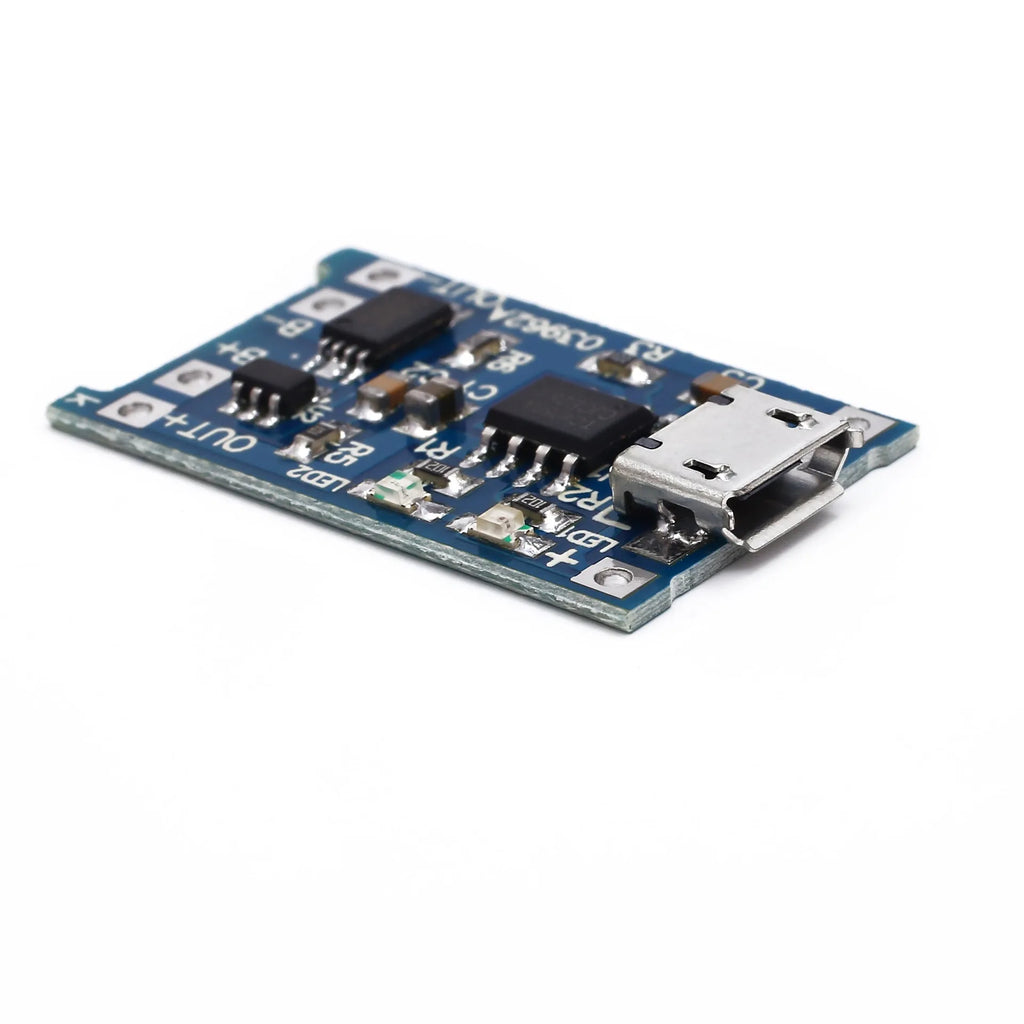 Blue lithium battery charging and protection circuit board with 5V input terminals.