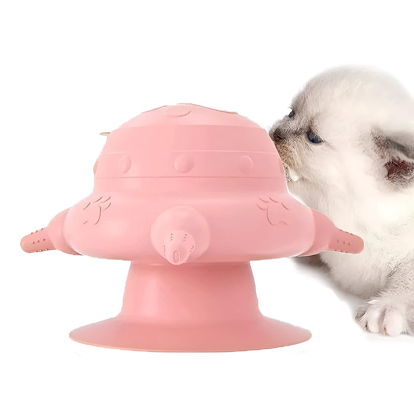 Pink silicone pet nursing device with four pacifiers for puppies and kittens