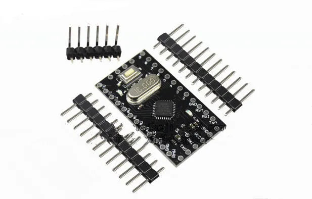 Arduino Mini Pro professional microcontroller circuit board showing Atmega328P chip and pin headers.