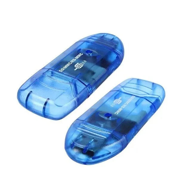 Transparent plastic USB card reader with optional LED light, card holder, and storage bag.