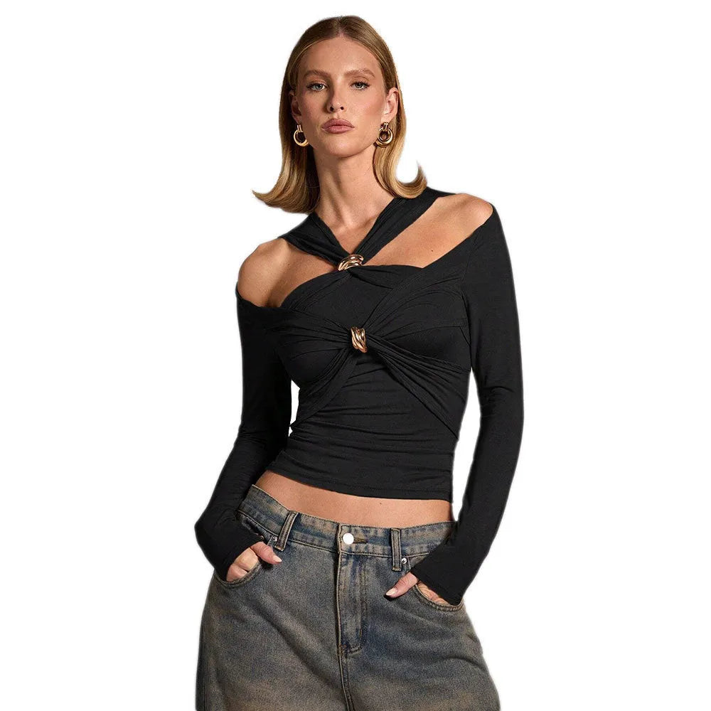 Black polyester women's halter top with long sleeves and shoulder-baring design
